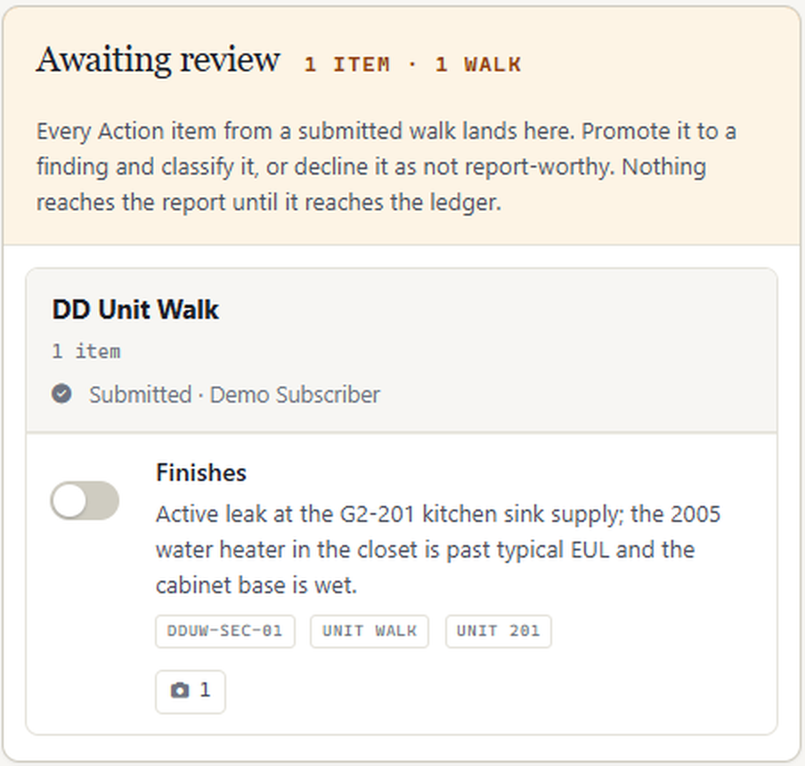 Grid Auriga Projects findings desk with a unit walk item awaiting review