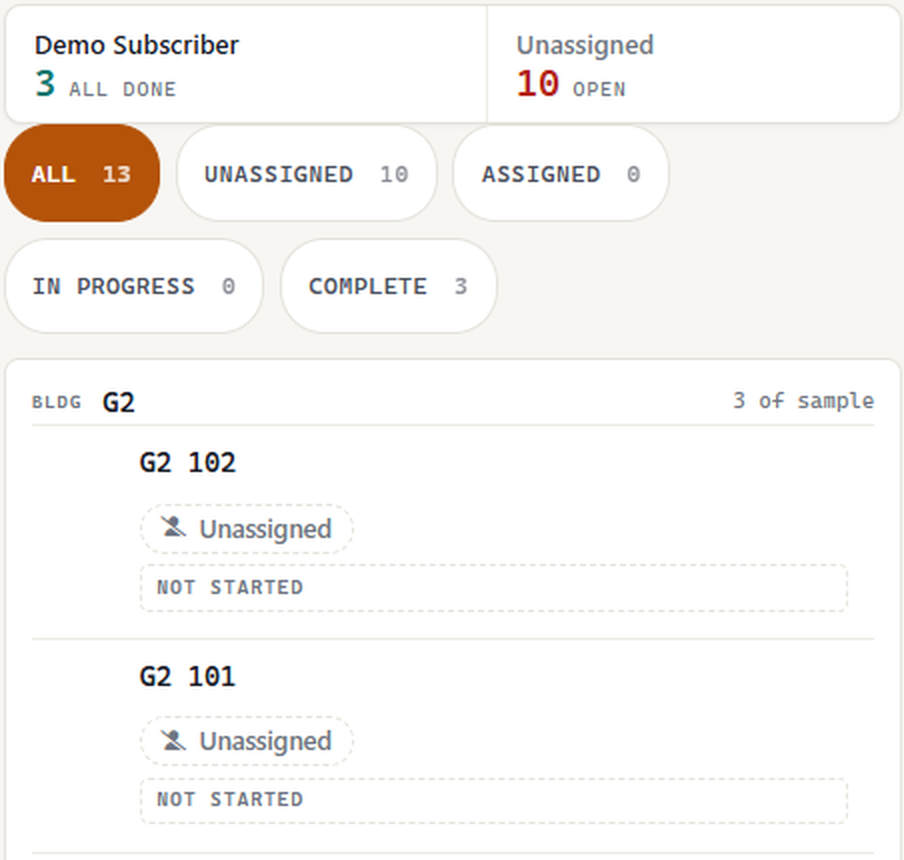 Grid Auriga Projects unit walk list showing sampled units by building and walk status