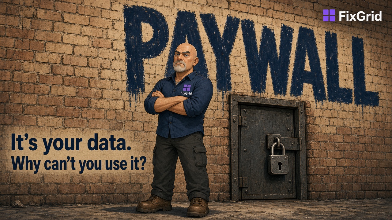Cartoon of George Herlth III, arms crossed, in front of a brick wall painted PAYWALL beside a padlocked steel door. Text: It’s your data. Why can’t you use it?