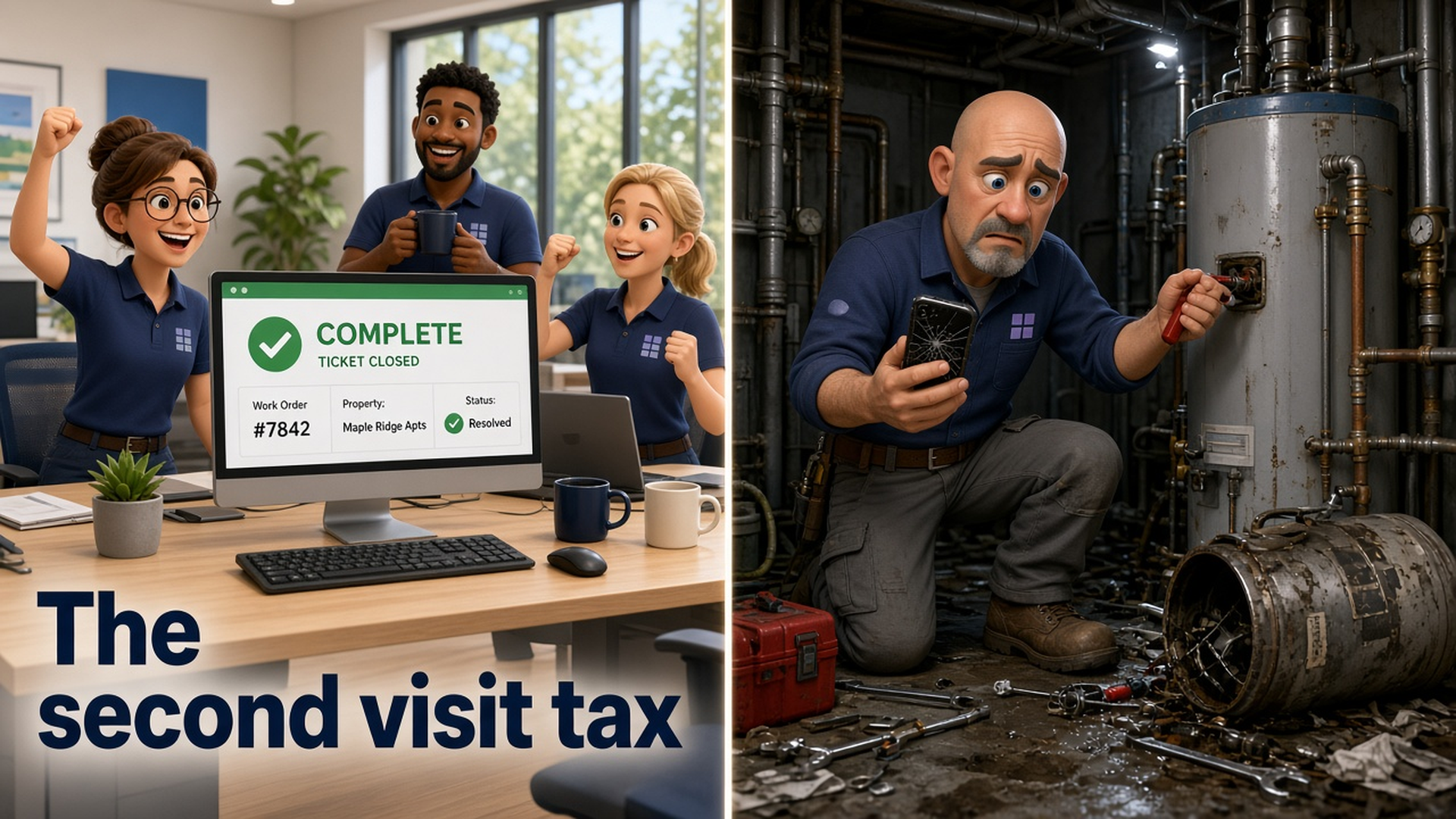 Cartoon split scene: an office team celebrates a ticket marked Complete while a technician in the mechanical room stares at a failed water heater. Text: The second visit tax.