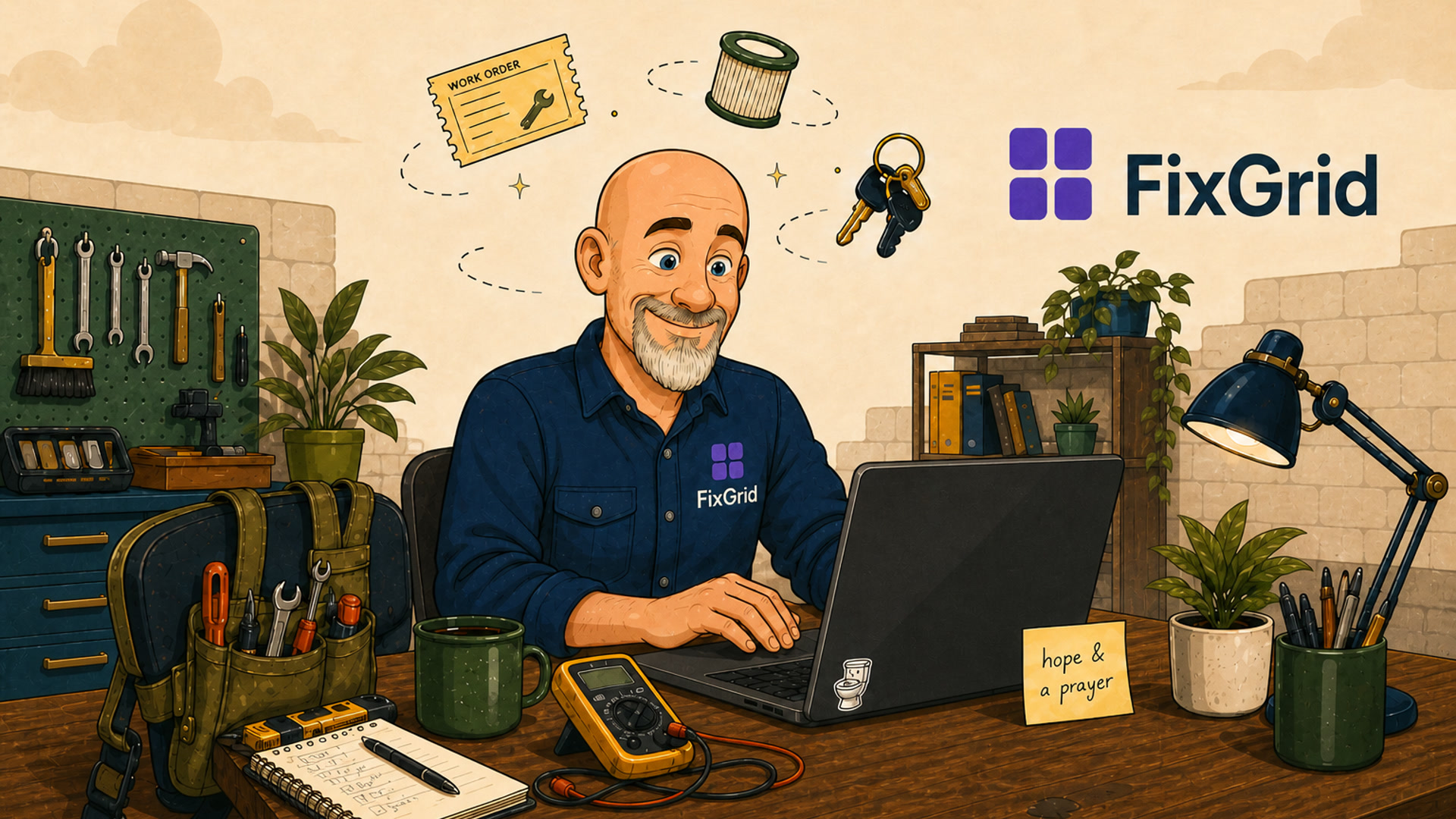 Cartoon of George Herlth III at a desk in a FixGrid shirt, working on a laptop among his tools, with a sticky note that reads “hope & a prayer.”
