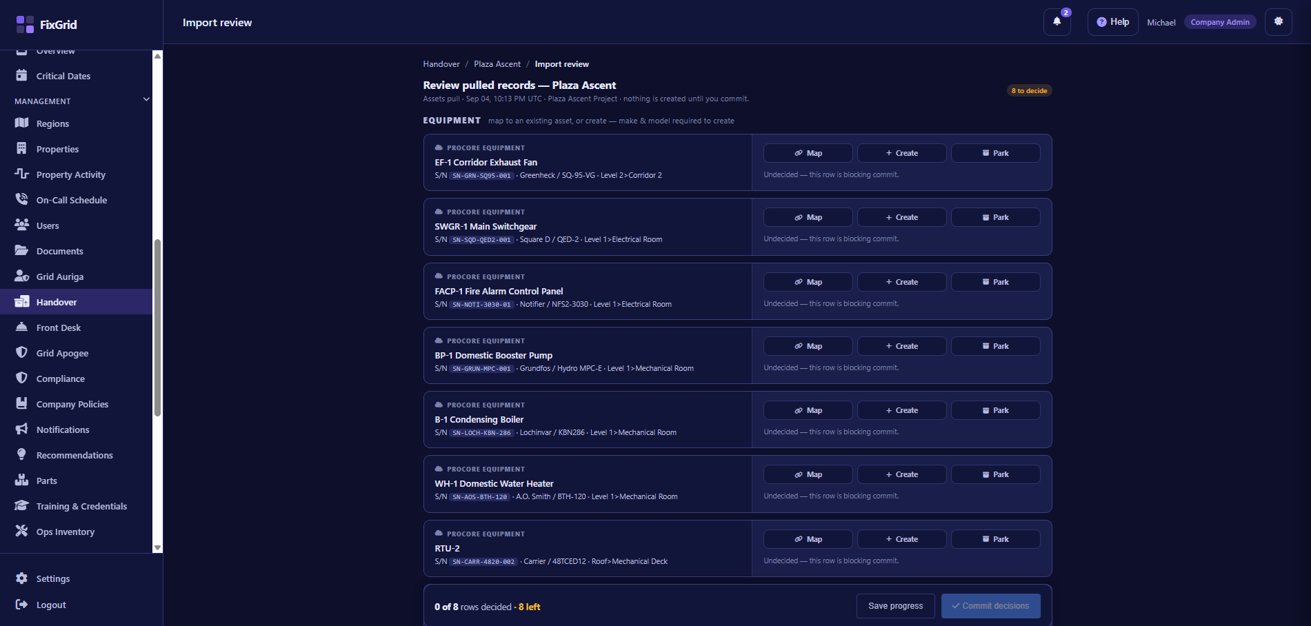 FixGrid import review after a Procore pull: a list of pulled equipment records, each with Map, Create and Park choices, and a commit bar showing how many rows are still undecided.