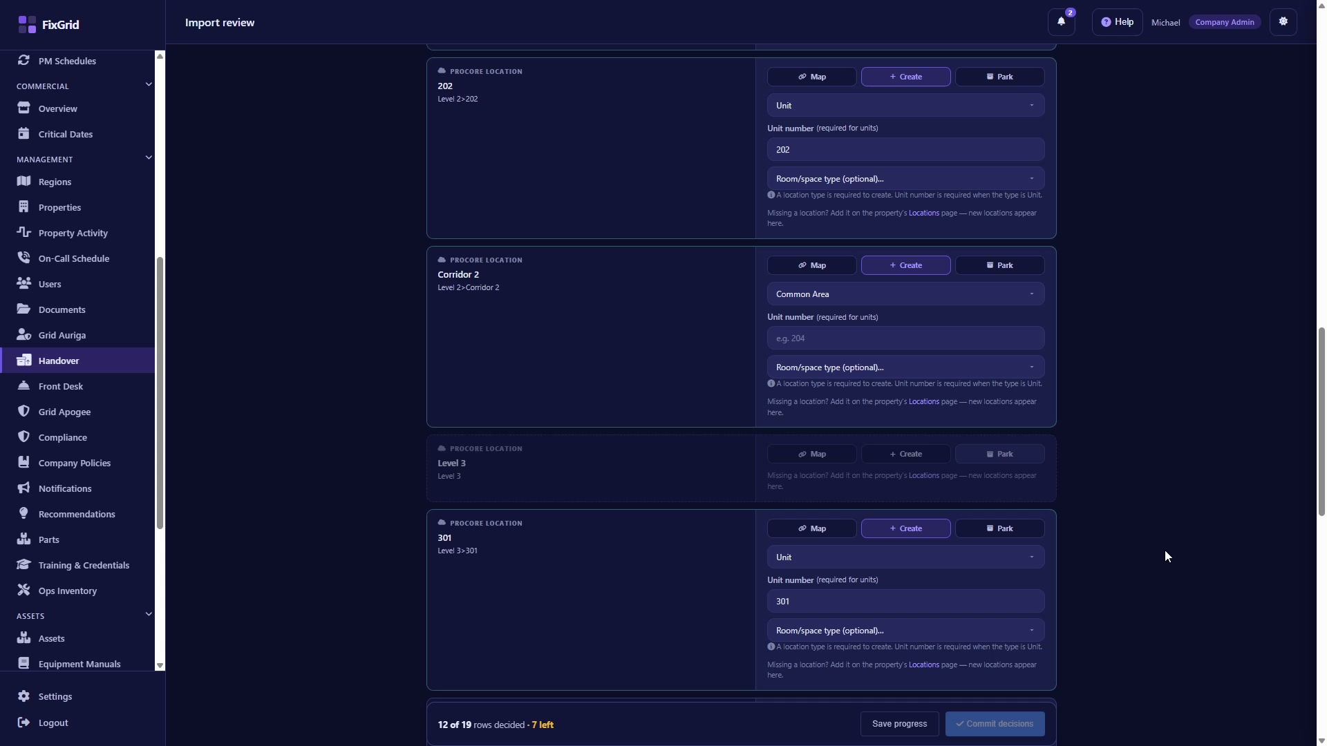 FixGrid import review queue for pulled Procore locations, each row offering Map, Create or Park, with a progress bar counting decided rows before commit.