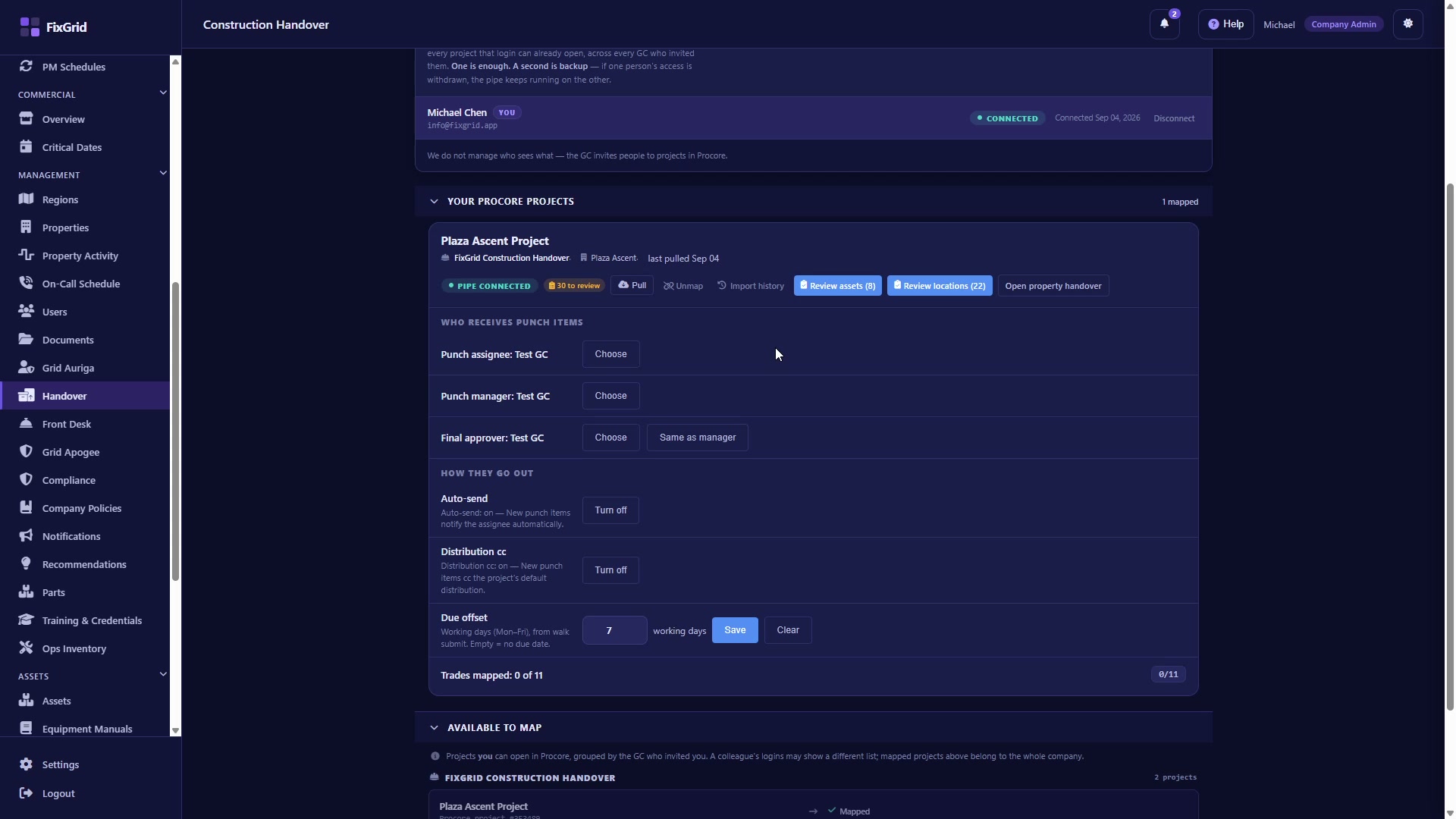 FixGrid Handover Procore page with a connected login and one Procore project mapped to a property, showing the Pull button, the review counts, and the punch-item recipient settings.