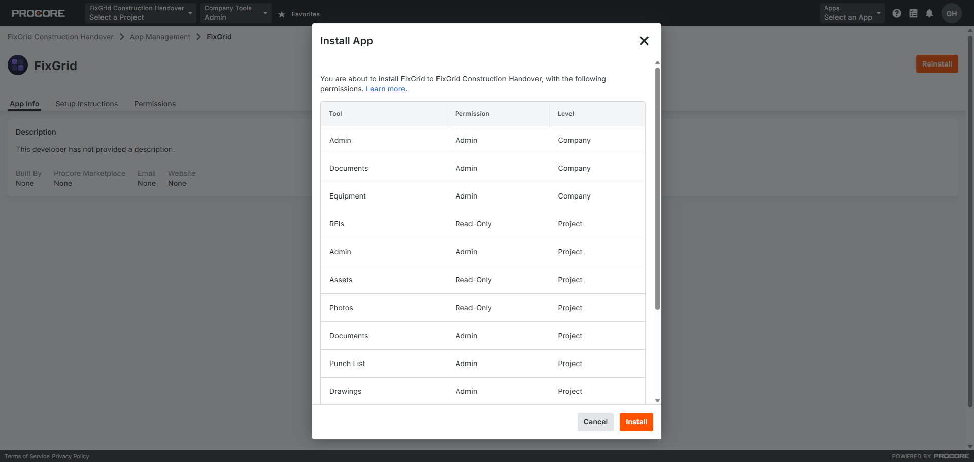 Procore App Management showing the Install App dialog for FixGrid, listing each tool with its permission and level before install.