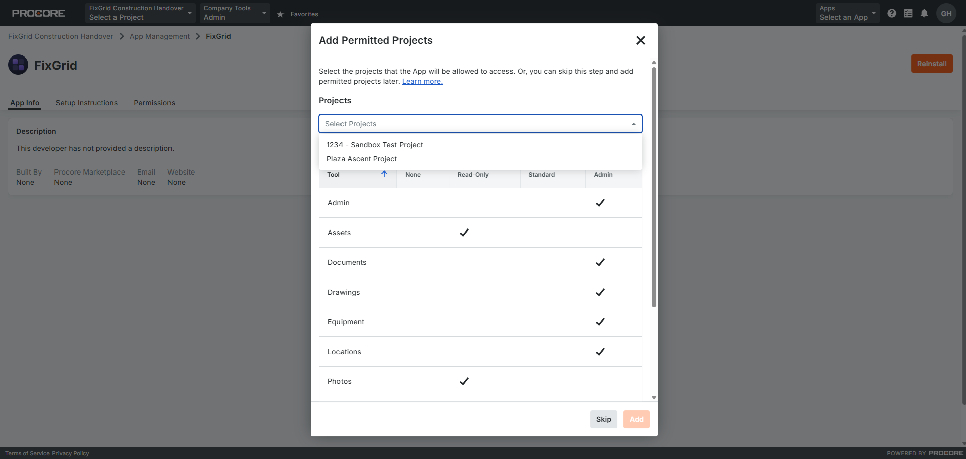 Procore Add Permitted Projects dialog for the FixGrid app, with a project picker open above the per-tool permission table.